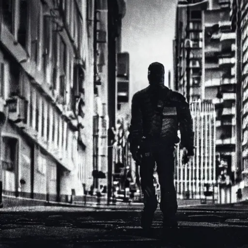 Image similar to dark picture of a t 8 0 0 walking on a desolate city, 8 k, uhd, sharp focus, 2 0 0 mm