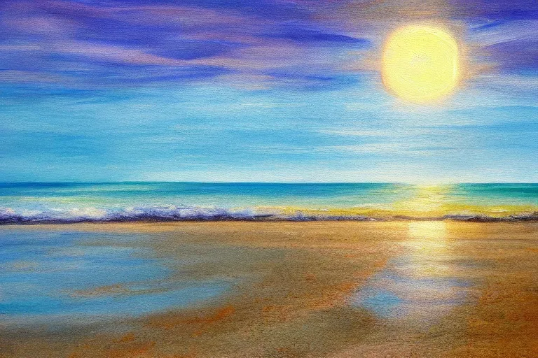 Prompt: The sun emerges out of the sea as seen from a beach, landscape art, painting, sci-fi