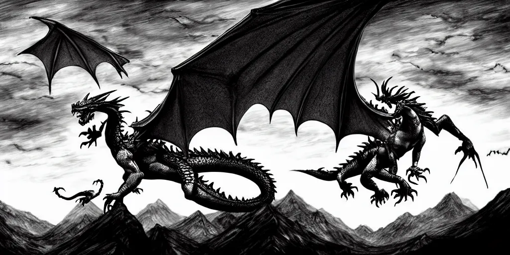 Prompt: dragon flying under the night sky in front of the mountains. dark fantasy style. epic fight. digital art. black and white. by kentaro miura