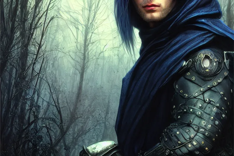 Prompt: ultrarealistic male mage dark infected face portrait fighting, long black hair blue eyes wearing leather mantle gothic navy cloak with leather details, infected plants, octane render, extreme intricate details, elegant, cinematic lighting, highly detailed, artstation, dnd fantasy character art, cgsociety, sharp focus, beautiful digital painting by artgerm, gerald brom, wlop, alphonse mucha
