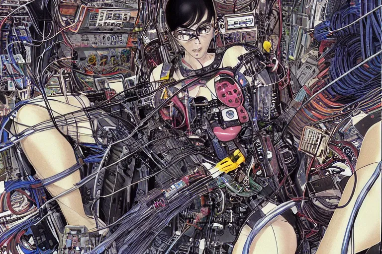 Image similar to an intricate, awe inspiring cyberpunk illustration of a female android body lying open on a labor floor, wires and cables coming out, by masamune shirow and katsuhiro otomo ((colorful))