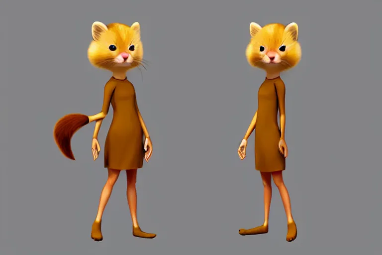 Prompt: flat 2 d : female marten character : wearing jewlery : wearing a nice dress : head torso legs feet : lorax movie : artstation