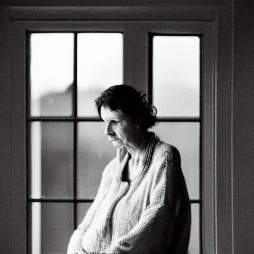 Prompt: black and white fashion photograph highly detailed portrait of a depressed beautiful mature model woman standing by the window, natural light, lomo, fashion photography, film grain, soft vignette, sigma 85mm f/1.4 1/10 sec shutter