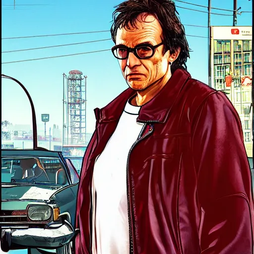 Prompt: Félix Guattari in GTA V, Cover art by Stephen Bliss, boxart, loading screen