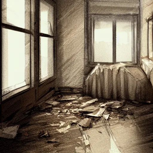 Image similar to derelict hotel room, abandoned, messy, moody atmosphere, sunlight through window blinds, dusty room, creepy, detailed sketch, artstation award