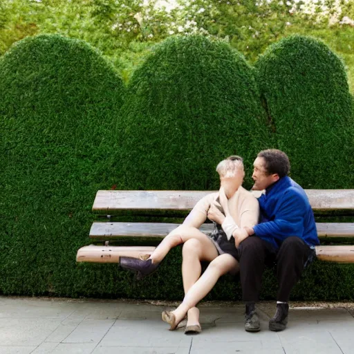 Prompt: a couple sitting on a park bench, topiary