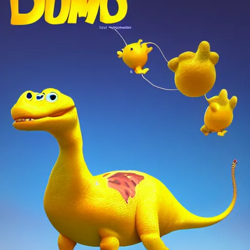 Prompt: pixar render the yellow dinosaur, cute character, high detail, fine hair details, big eyes, friendly, warm and calming, bursting with energy and life, after effects, post processing, video and game ready, octane render, volumetric lighting, glow lights, sharp focus, clear focus, soft shadows, highly intricate and beautiful symmetry