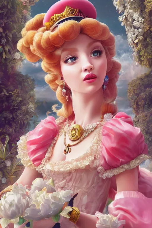 Prompt: Princess peach, super mario, dramatic, elaborate emotive Baroque and Rococo styles to emphasize beauty as a transcendental, 8k image, ultra-realistic, the style of WLOP