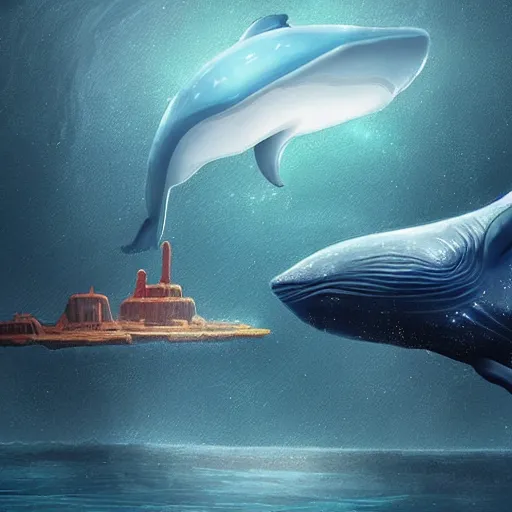 Prompt: a city under the ocean on an alien world, and a whale who feels disconnected from it wistfully watching a spaceship fly away, sci-fi digital art illustration,