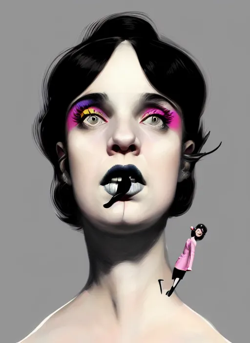 Image similar to portrait of a fun young woman with a crooked nose and a confident expression, 1 9 6 0 s, black clothes, goth, punk, brightly coloured hair, funk, intricate, elegant, highly detailed, digital painting, artstation, concept art, smooth, sharp focus, illustration, art by wlop, mars ravelo and greg rutkowski