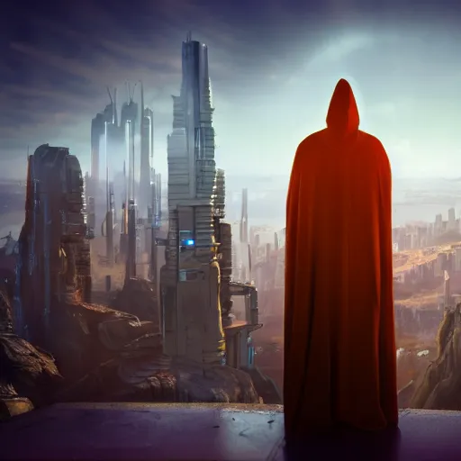 Image similar to a tall, skinny robot wearing a dark flowing robe and a hood, standing and staring out over a tall cliff, a futuristic city in the background, glowing neon lights, cyberpunk, 8 k, unreal engine render, highly detailed