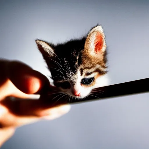 Prompt: macro shot photograph of an extremely tiny baby kitten on top of a strawberry