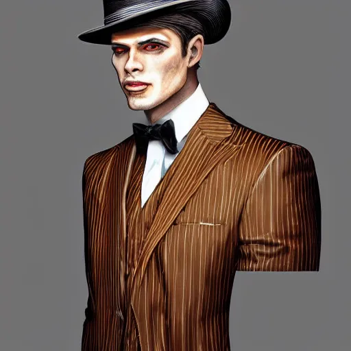 Image similar to a upper body portrait of a deer in a pinstriped suit and pants wearing a fedora with the antlers sticking out of the fedora by artgerm and wlop, intricate detail, digital art, photorealistic, trending on artstation