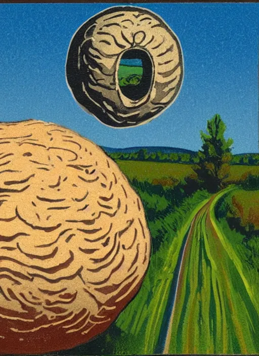 Image similar to an extreme close - up portrait of a spherical bread with face on it on a path in forest, by billy childish, thick visible brush strokes, shadowy landscape painting in the background by beal gifford, vintage postcard illustration, minimalist cover art by mitchell hooks