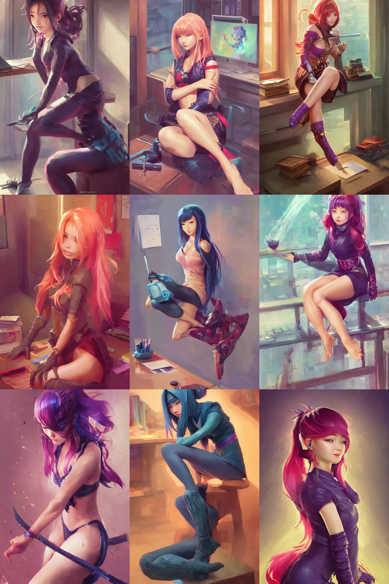 Prompt: a beautiful ninja girl sitting in her office | | cute - fine - subtle smile, colorful hair, face, pretty face, fine details by stanley artgerm lau, wlop, rossdraws, james jean, andrei riabovitchev, marc simonetti, and sakimichan, trending on artstation