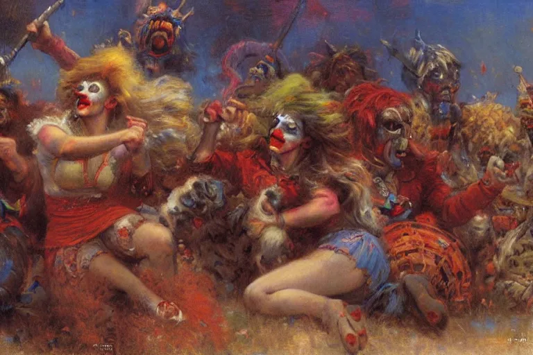 Image similar to war of the clowns. art by gaston bussiere.