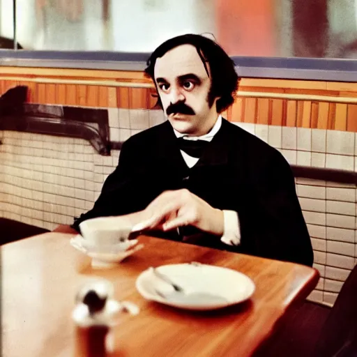 Image similar to edgar allen poe eating at a diner, photography, 8 k, 6 0 s,