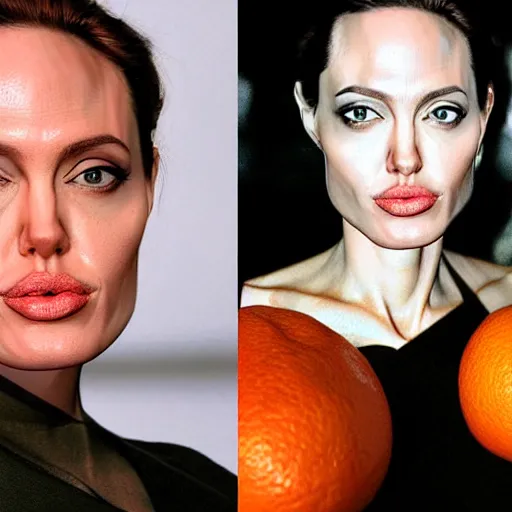 Image similar to an orange with the face of angelina jolie