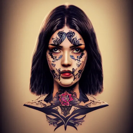 Image similar to a woman with a large tattoo on her forehead of a woman, trending on artstation, 4 k