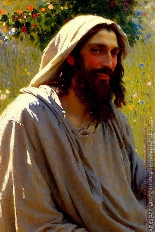 Prompt: impressionist brushstrokes!!!!!!!!! solomon joseph solomon and richard schmid and jeremy lipking victorian loose genre loose painting full length portrait painting of jesus with a slight smile happy inviting
