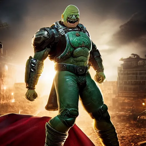 Image similar to pickle rick as superman! in gears of war, splash art, movie still, detailed face, photorealistic facial features, cinematic lighting, dramatic, octane render, long lens, shallow depth of field, bokeh, anamorphic lens flare, 8 k, hyper detailed, 3 5 mm film grain