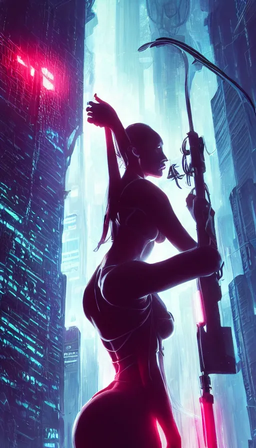 Image similar to altered carbon, young bella hadid, sweaty, tech, warhammer, neon, lord of the rings, intricate, surrealistic, story, highly detailed, digital painting, artstation, concept art, smooth, sharp focus, illustration, unreal engine 5, 8 k, art by artgerm and greg rutkowski and alphonse mucha