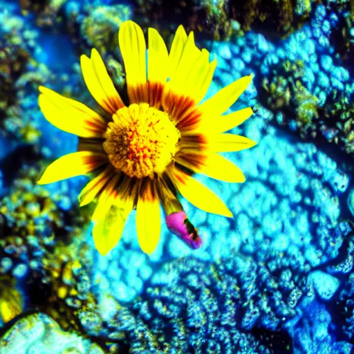 Prompt: photo 1 2 mm wide angle, flower in the sea
