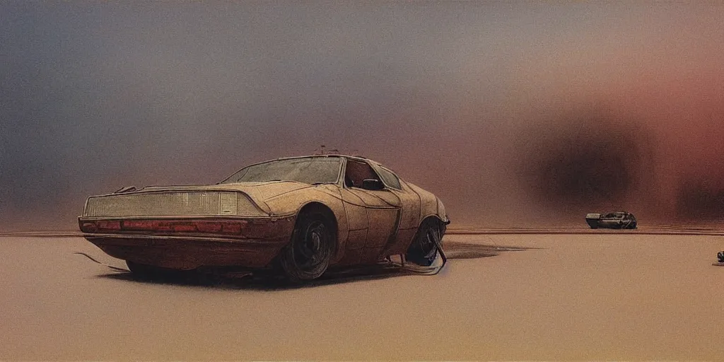 Image similar to car in full speed in a empty street, mad max kieth thomsen, zdzislaw beksinski