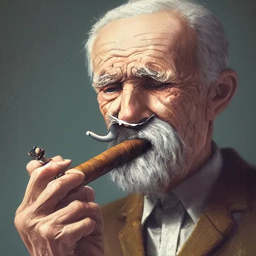 Image similar to a sad old man with his pipe in his mouth, high quality, high resolution,detailed, by wlop