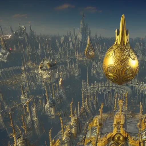 Image similar to enormous flying city in a faberge egg, sky, steampunk, fantasy art, masterpiece, unreal engine