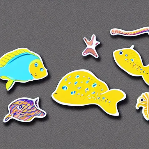 Prompt: underwater coastal fish and seahorse and shell illustration clip art sticker