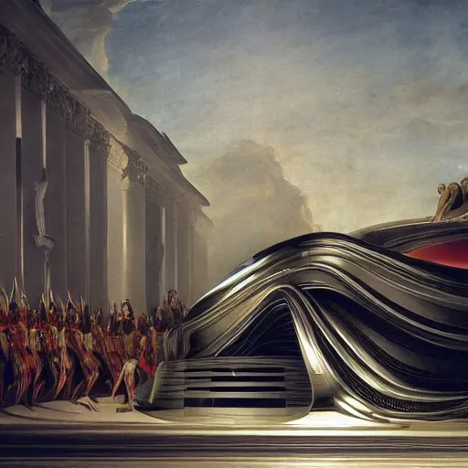 Image similar to oblivion film transport design zaha hadid forms car and wall structure in middle of the coronation of napoleon painting by Jacques-Louis David black ceramic material shiny gloss water reflections search pinterest keyshot product render 4k