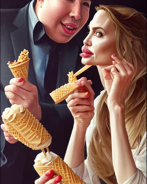 Image similar to Portrait of Michael Mcintyre & blonde Angelina Jolie eating ice creams in Porto,real life skin, intricate, elegant, highly detailed, artstation, concept art, smooth, sharp focus, art by artgerm and greg rutkowski and alphonse mucha