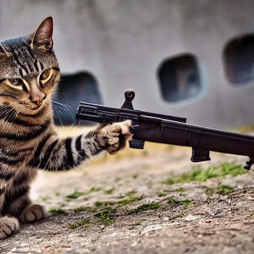 Image similar to A cat firing an AK-47 like a human soldier, award-winning photography