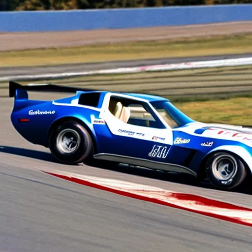 Prompt: a 1 9 7 6 chevrolet corvette greenwood imsa gt driving on a racetrack