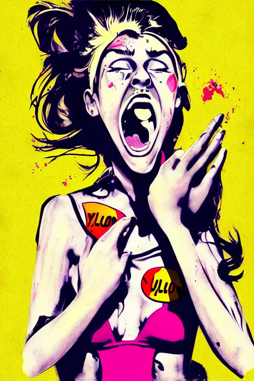 Image similar to girl screamin yolo - aesthetic, remove duplicated anatomy, 4 k, illustration, comical, acrylic paint style, pencil style, torn cosmo magazine style, pop art style, ultrarealism, by mike swiderek, jorge lacera, ben lo, tyler west