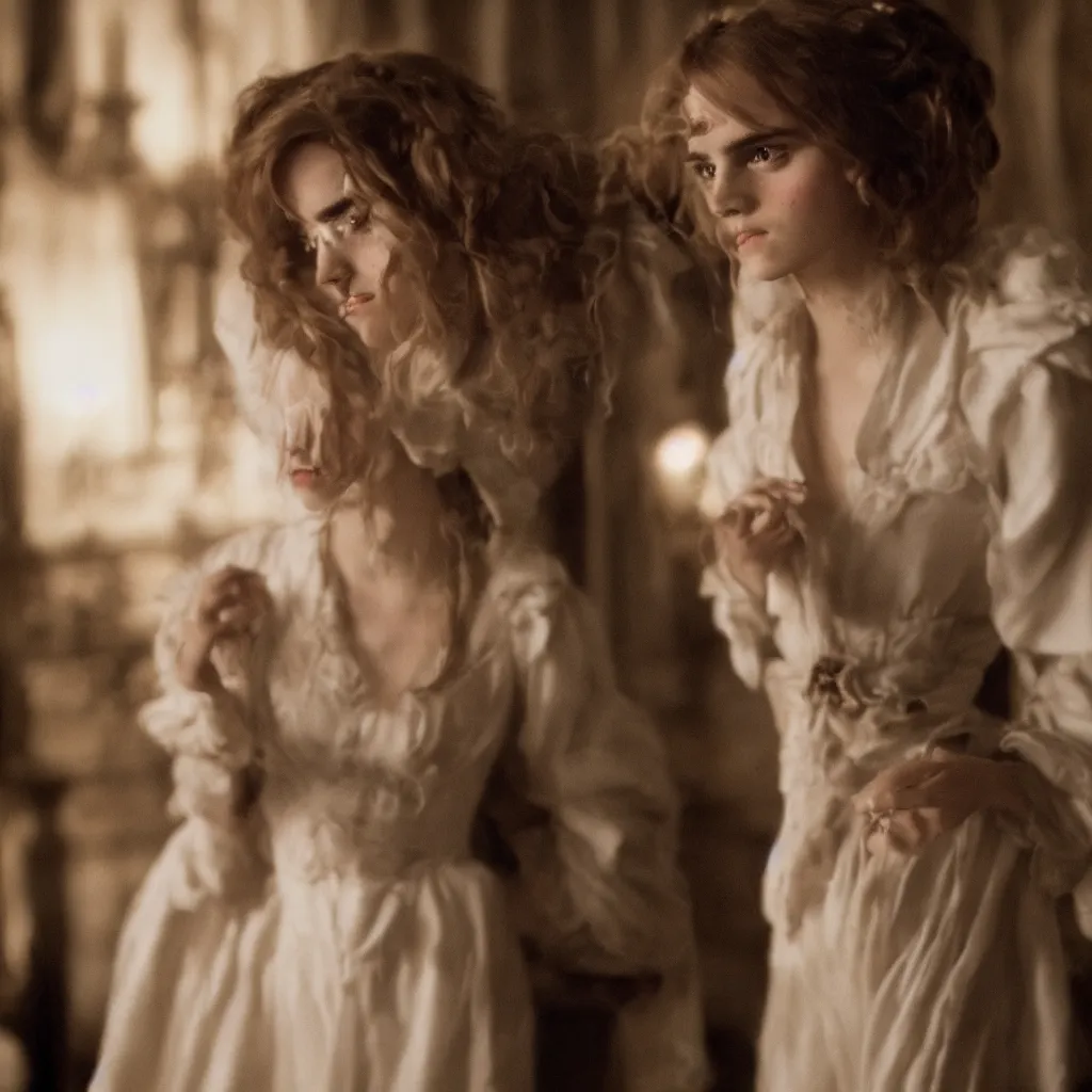 Image similar to closeup center composition Emma Watson long hair flowing robes baroque room cinematic lighting stanley kubrick barry lyndon 4k canon 5d mk4, sigma art lens