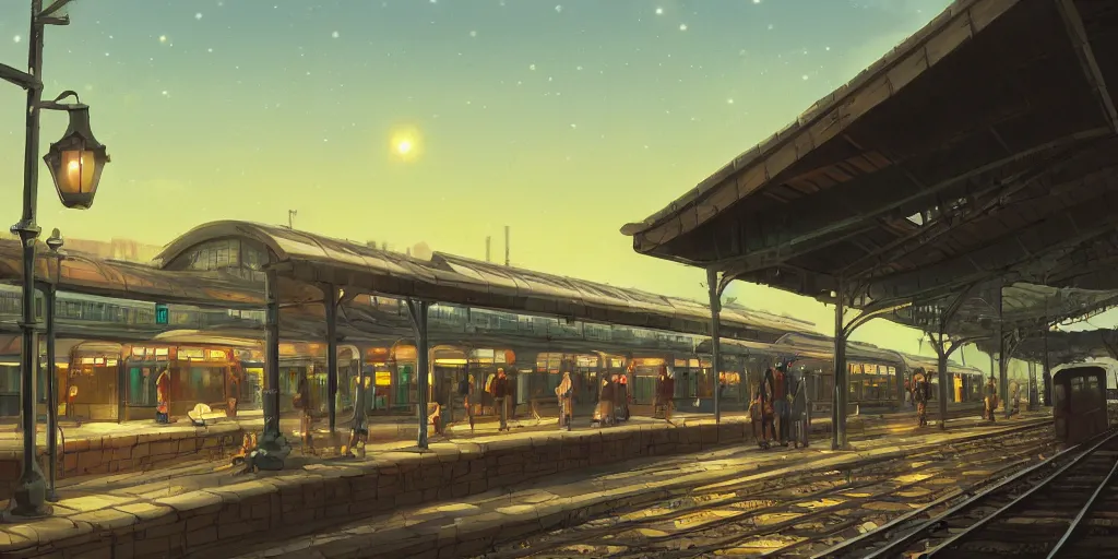 Image similar to at a train station, evening, detailed matte painting, low angle view, telephoto lens, bokeh, studio ghibli, artstation