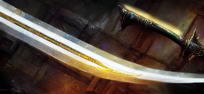 Image similar to legendary cybernetic sword lying flat on a glowing table with a long sharp black and iridescent sword blade, digital award winning hd matte painting, intimate dark moody, intricate, ornate spikes, colorful hilt, detailed realistic, raytraced blade, colored gems, future golden technological pommel, in the style of greg rutkowski and krenz cushart, deviantart