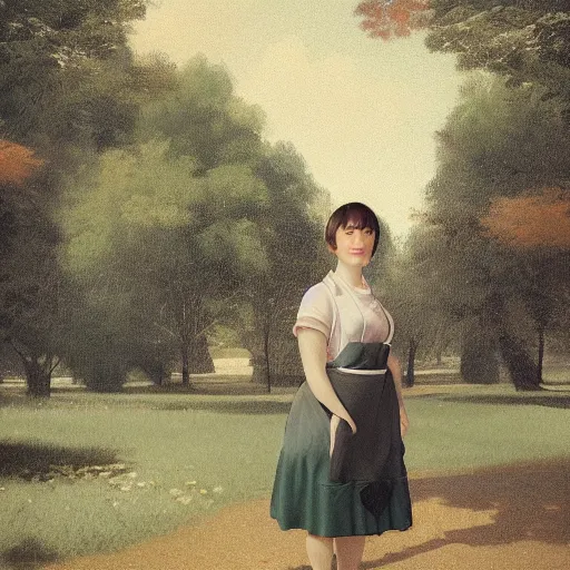 Prompt: a beautiful full body portrait of a young woman wearing an apron standing in a park, kantoku, james gilleard, very detailed, matte, gaussian blur, tone mapped William-Adolphe