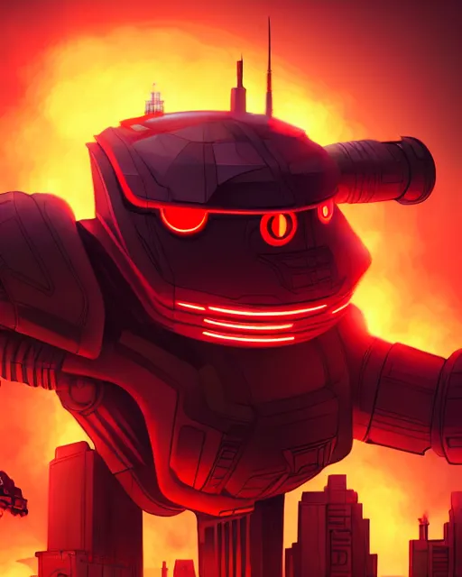 Image similar to giant robot with ominously glowing red eyes stands on top of city that is on fire, concept art, intricate details, highly detailed, in the style of pascal blanche
