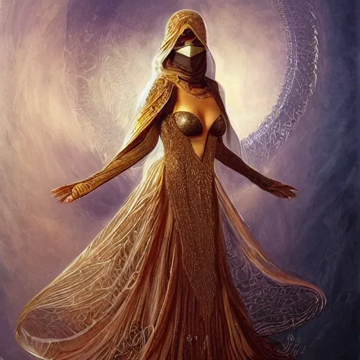 Prompt: a full body beautiful woman wearing a niqab made of silk with golden jewelry and diamonds by alex gray and android jones, karol bak, ayami kojima, arabian, concept art, fantasy