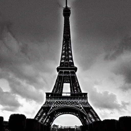 Prompt: the eiffel tower after the zombie apocalypse, dead zombies, black and white, 8k, high resolution, hyperrealistic