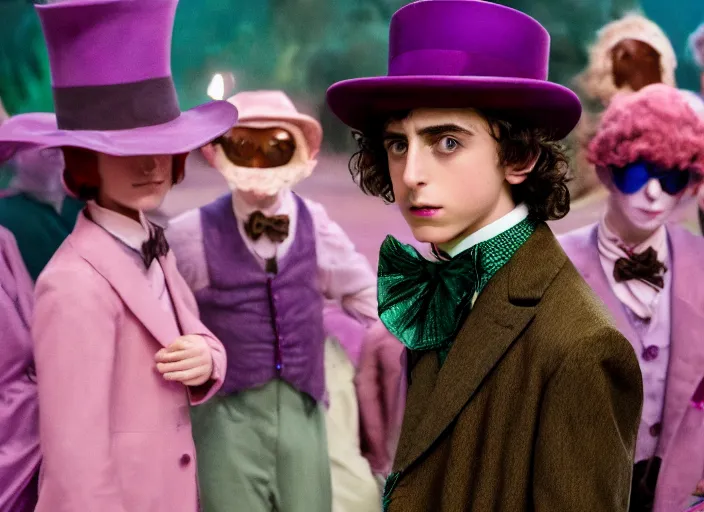 Image similar to film still of Timothée Chalamet as Willy Wonka in new Willy Wonka movie, 4k