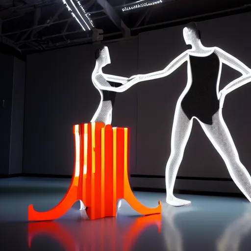 Image similar to photo of contemporary dancers, dancing around an orange kuka servo robot, in uy studio clothing, inside berghain berlin, lowlight, photorealistic, 8 k