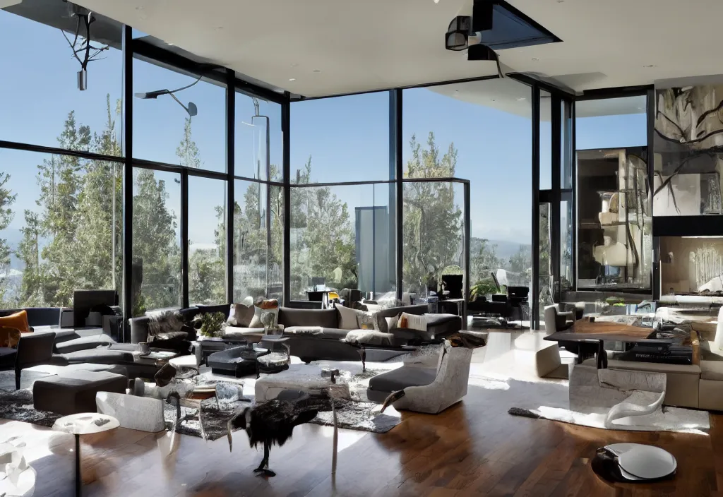 Prompt: a modern interior design, living room, residential design, floor - to - ceiling windows, by bobby berk, trending ，