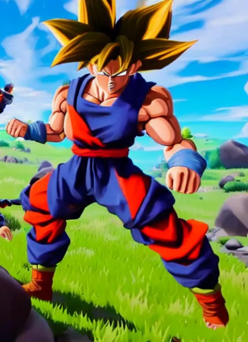 Image similar to game still of a sayan goku as a fortnite skin in fortnite by fortnite, pose.