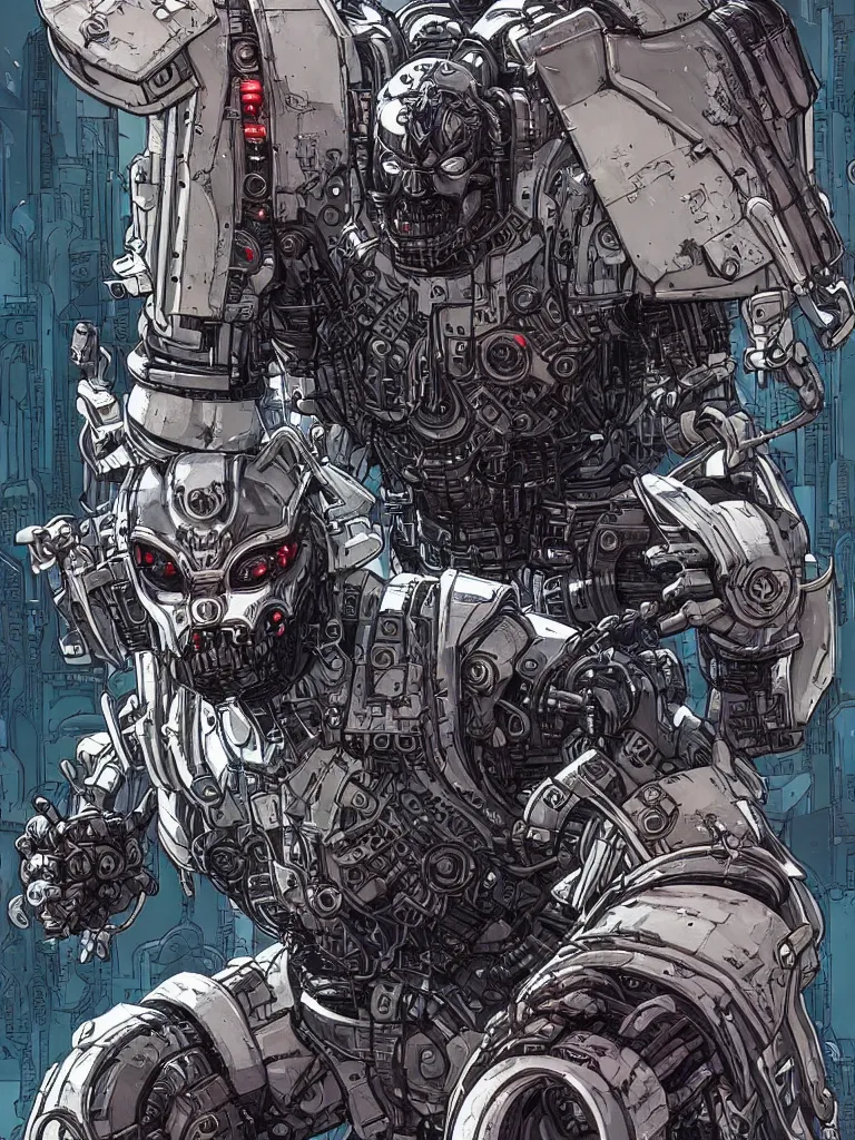 Image similar to portrait of a cybernetic werewolf warrior with white fur and silver fangs wearing black power armor, cyberpunk concept art by josan gonzales and moebius and enki bilal and and dan mumford and