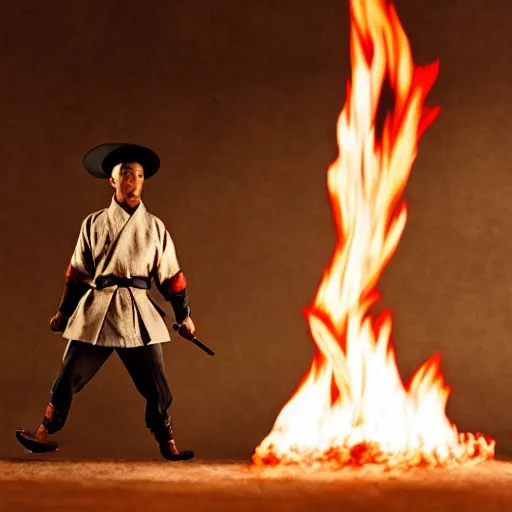 Image similar to cinematic film still Pharrell Williams starring as a Samurai holding fire, Japanese CGI, VFX, 2003, 40mm lens, shallow depth of field,film photography