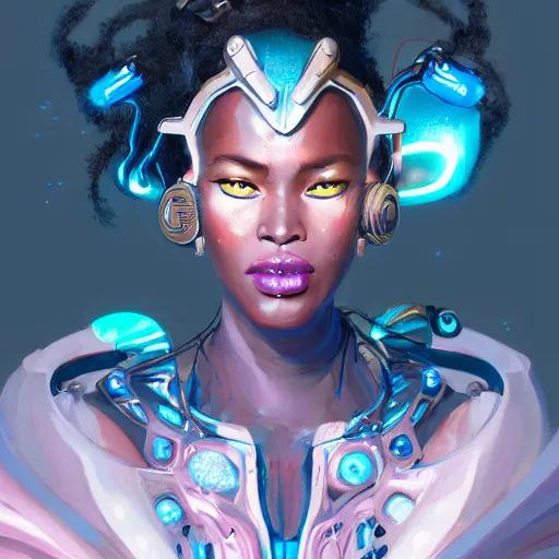 Image similar to a portrait of Adhel Bol as a beautiful cybernetic techno queen, black woman, cyberpunk concept art by pete mohrbacher and wlop and artgerm josan gonzalez and syd mead, digital art, highly detailed, intricate, sci-fi, sharp focus, Trending on Artstation HQ, deviantart, unreal engine 5, 4K UHD image